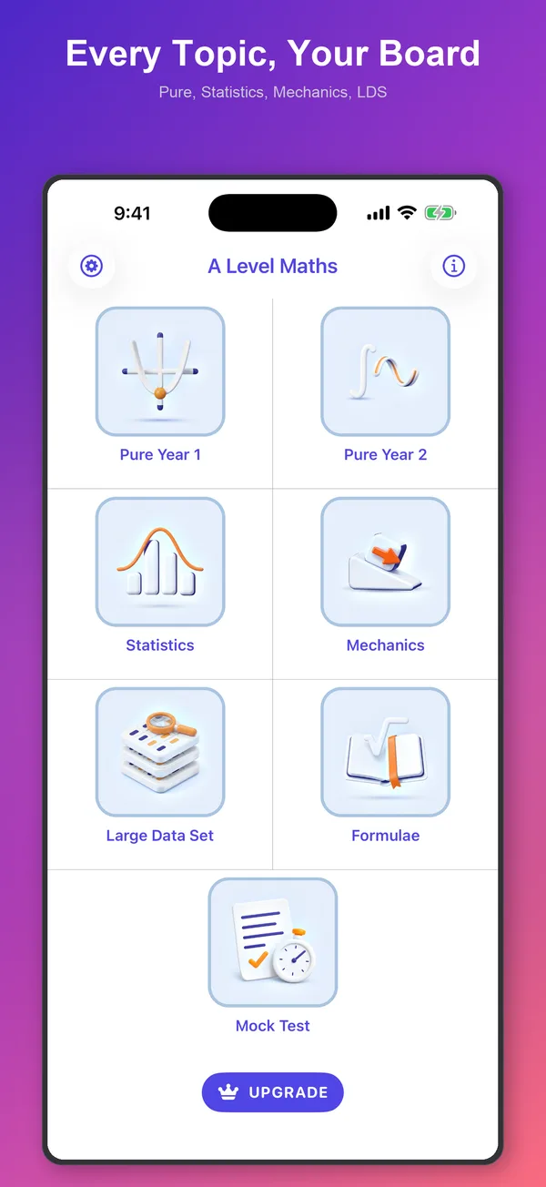 A Level Maths home screen: Pure Year 1, Pure Year 2, Statistics, Mechanics, Large Data Set, Formulae and Mock Test tiles