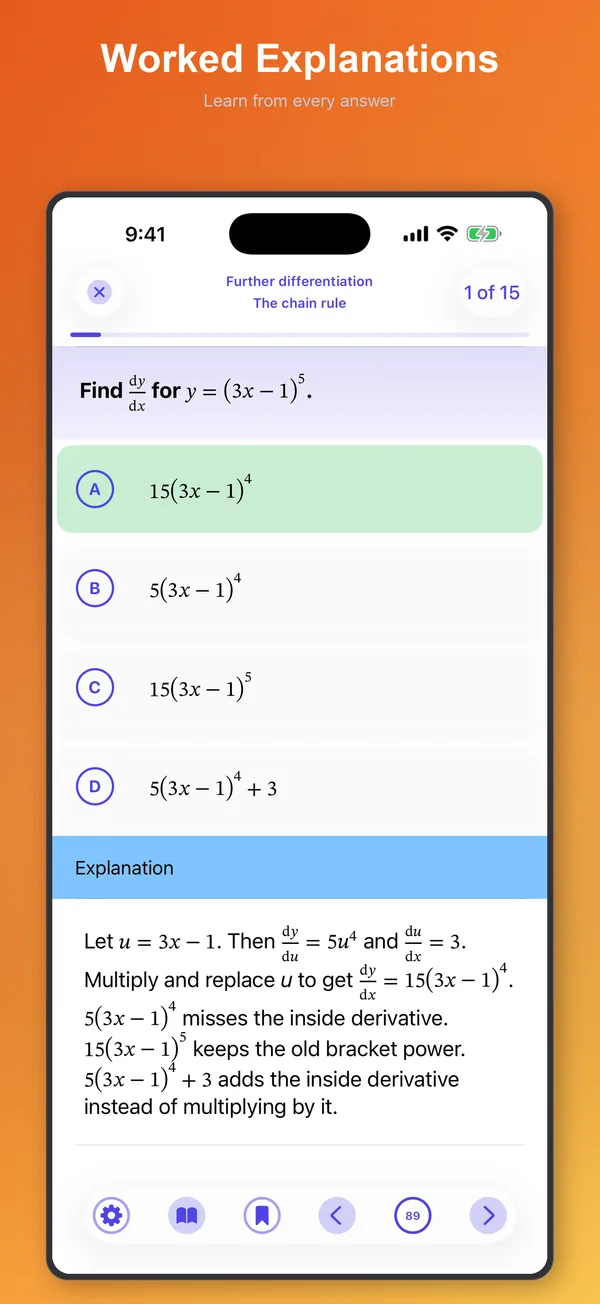 A chain rule question with its worked explanation