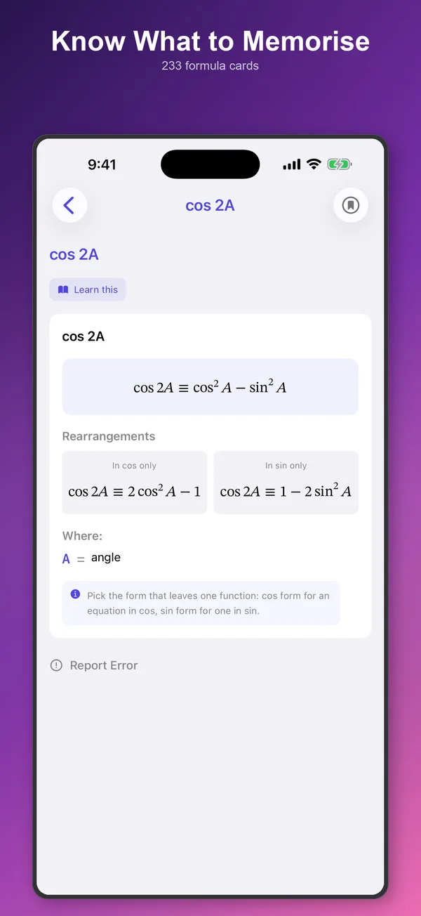 The cos 2A formula card with its rearrangements and a Learn this badge
